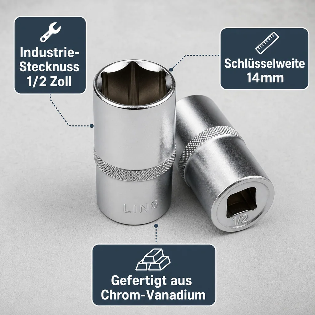 1/2 zoll Nuss, Stecknuss 14mm, Langnuss, für Knarre Ratsche, Cr-V