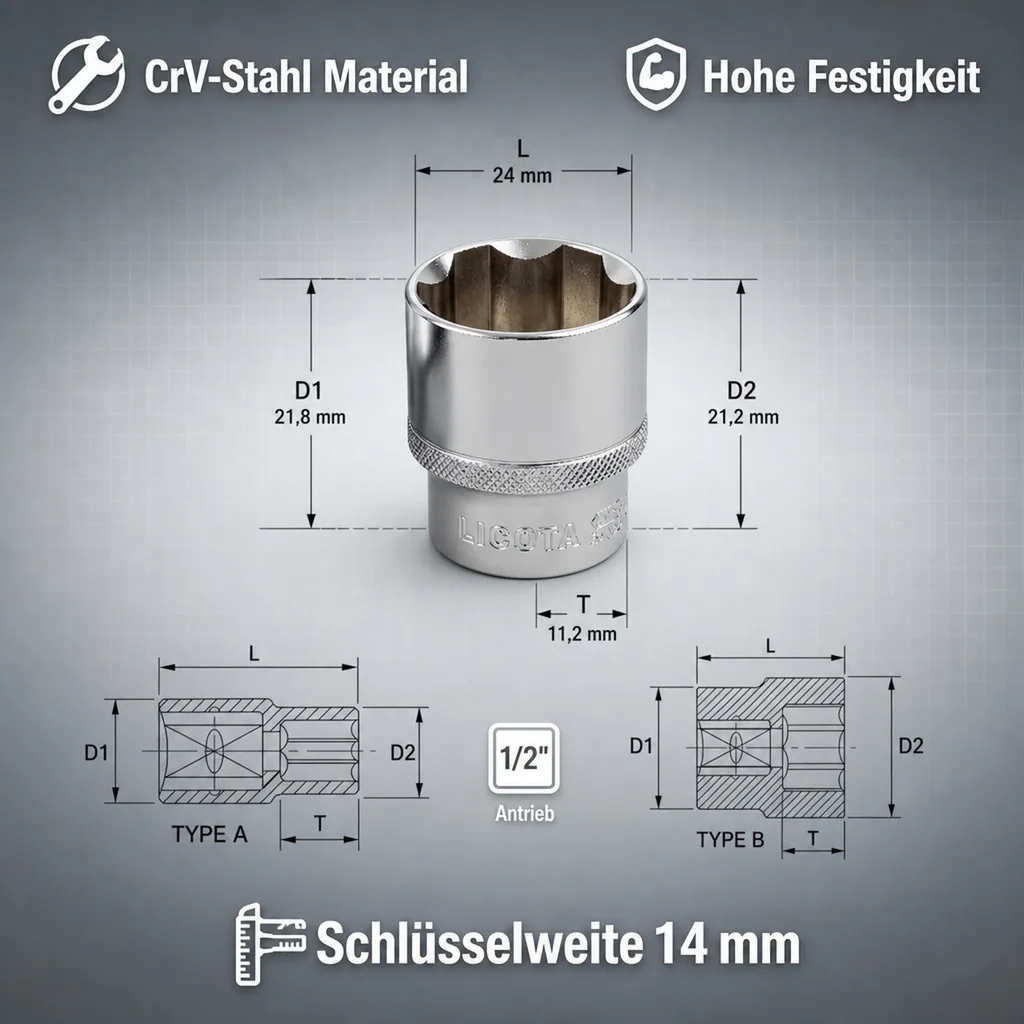 1/2 Zoll Nuss, 14 mm Nuss, Super-Lock CrV Nuss, kurze Ausführung
