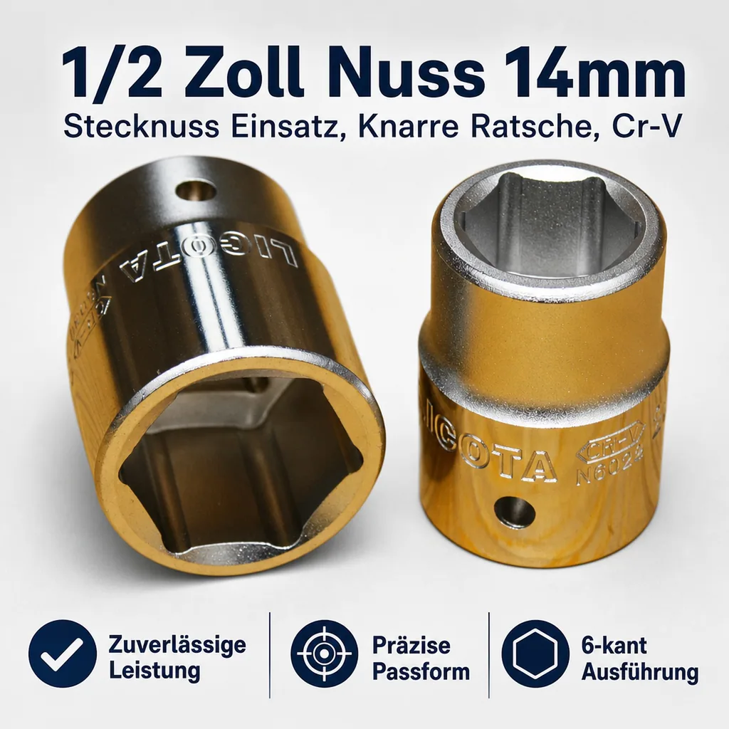 1/2 Zoll Nuss 14mm, Stecknuss Einsatz, Knarre Ratsche, Cr-V