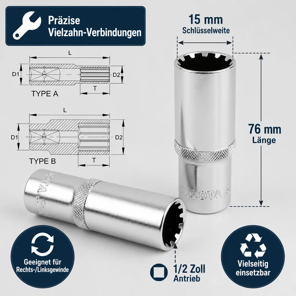 Vielzahn Nuss, 1/2 Zoll Nuss, 15mm, lange Ausführung, CrV, GearLock