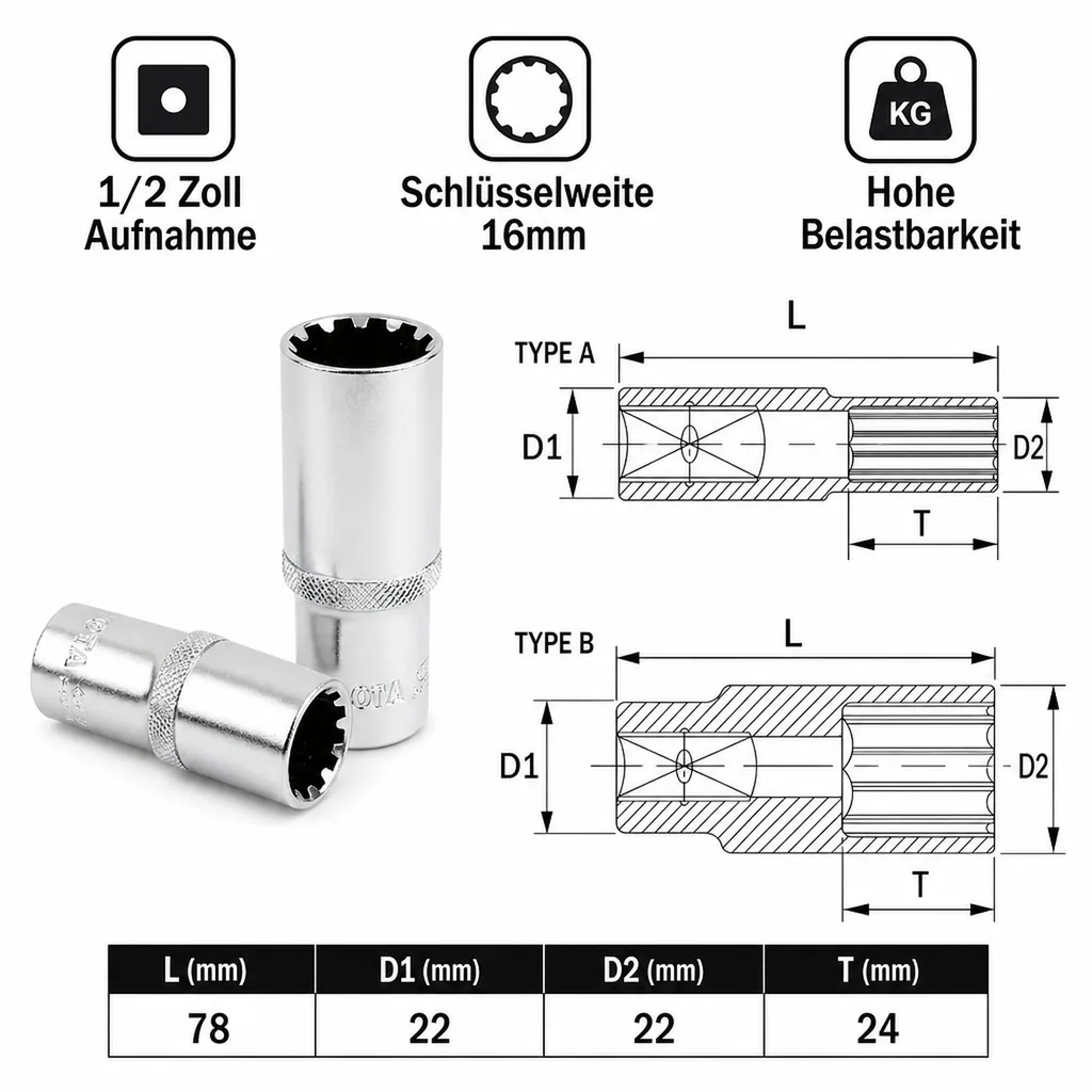 1/2 Zoll Vielzahn Nuss, 16mm Nuss, , lang, GearLock, CrV, 76mm