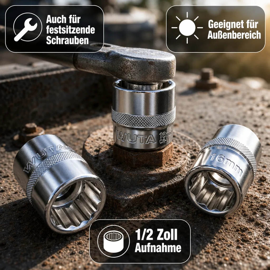 Stecknuss 1/2 Zoll, 16mm Nuss, Knarre Ratsche Einsatz, Cr-V