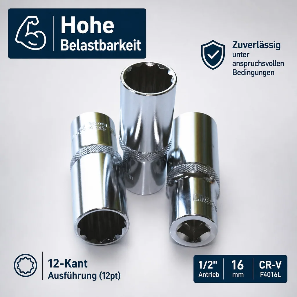 Stecknuss 1/2 Zoll, Langnuss 16mm, 12-Kant Nuss, Cr-V
