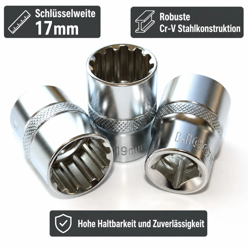 Stecknuss 1/2 Zoll, Spline Einsatz, Knarre, 17mm, Cr-V