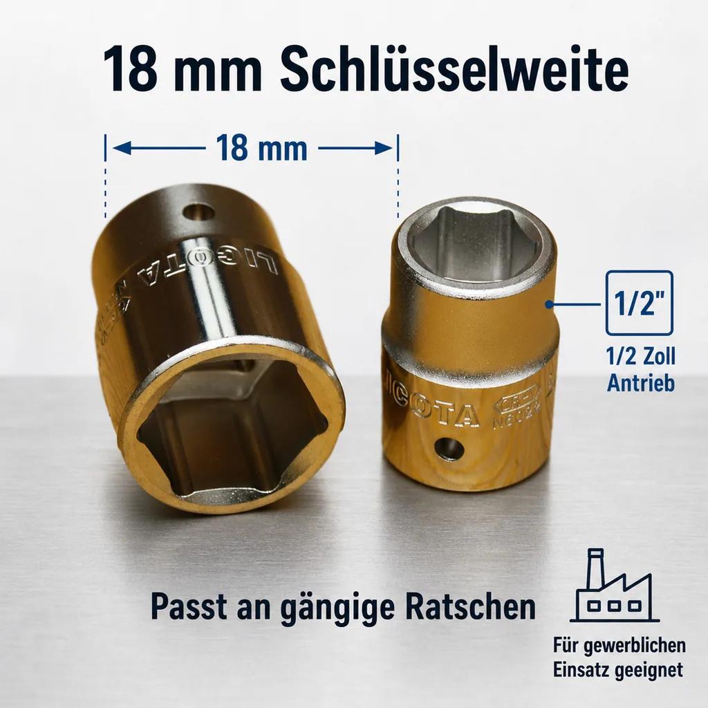 Stecknuss 1/2 Zoll, 18mm, für Knarre Ratsche, Cr-V