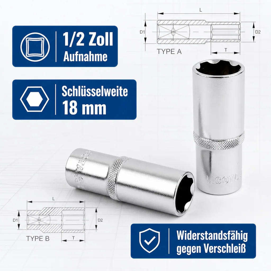 1/2 Zoll Nuss, 18mm Nuss, Super-Lock CrV, lange Ausführung
