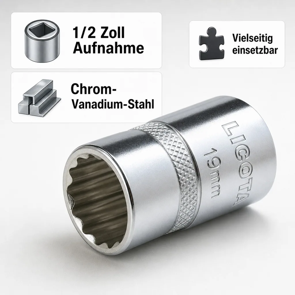Stecknuss 1/2 Zoll, Stecknuss 19mm, Spline Einsatz, Cr-V, Knarre, Ratsche