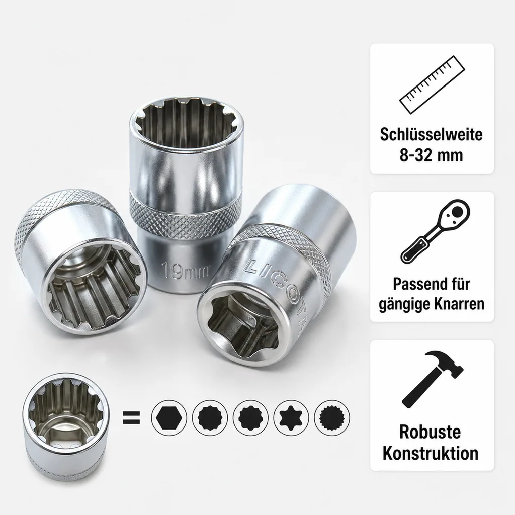 Stecknuss 1/2 Zoll, Stecknuss 19mm, Spline Einsatz, Cr-V, Knarre, Ratsche