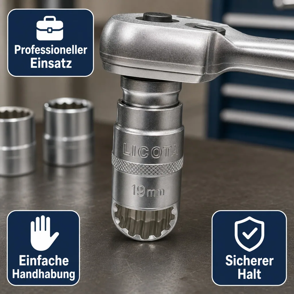Stecknuss 1/2 Zoll, Stecknuss 19mm, Spline Einsatz, Cr-V, Knarre, Ratsche