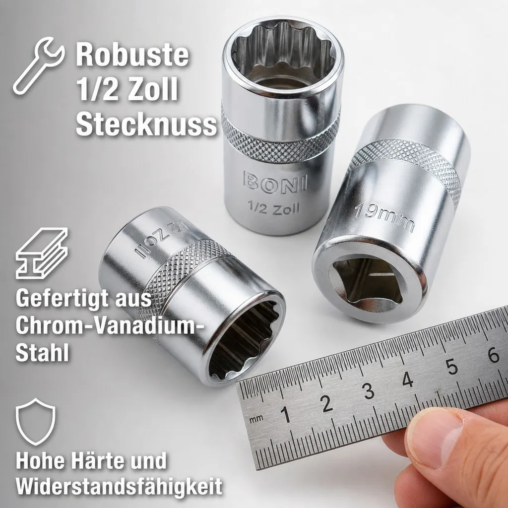 Stecknuss 19mm, 1/2 Zoll Nuss, Cr-V, Industriequalität