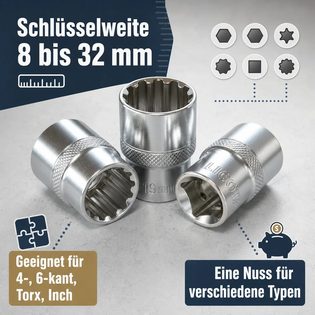 Stecknuss 1/2 Zoll, 22mm, Cr-V, Ratsche Knarre Nuss