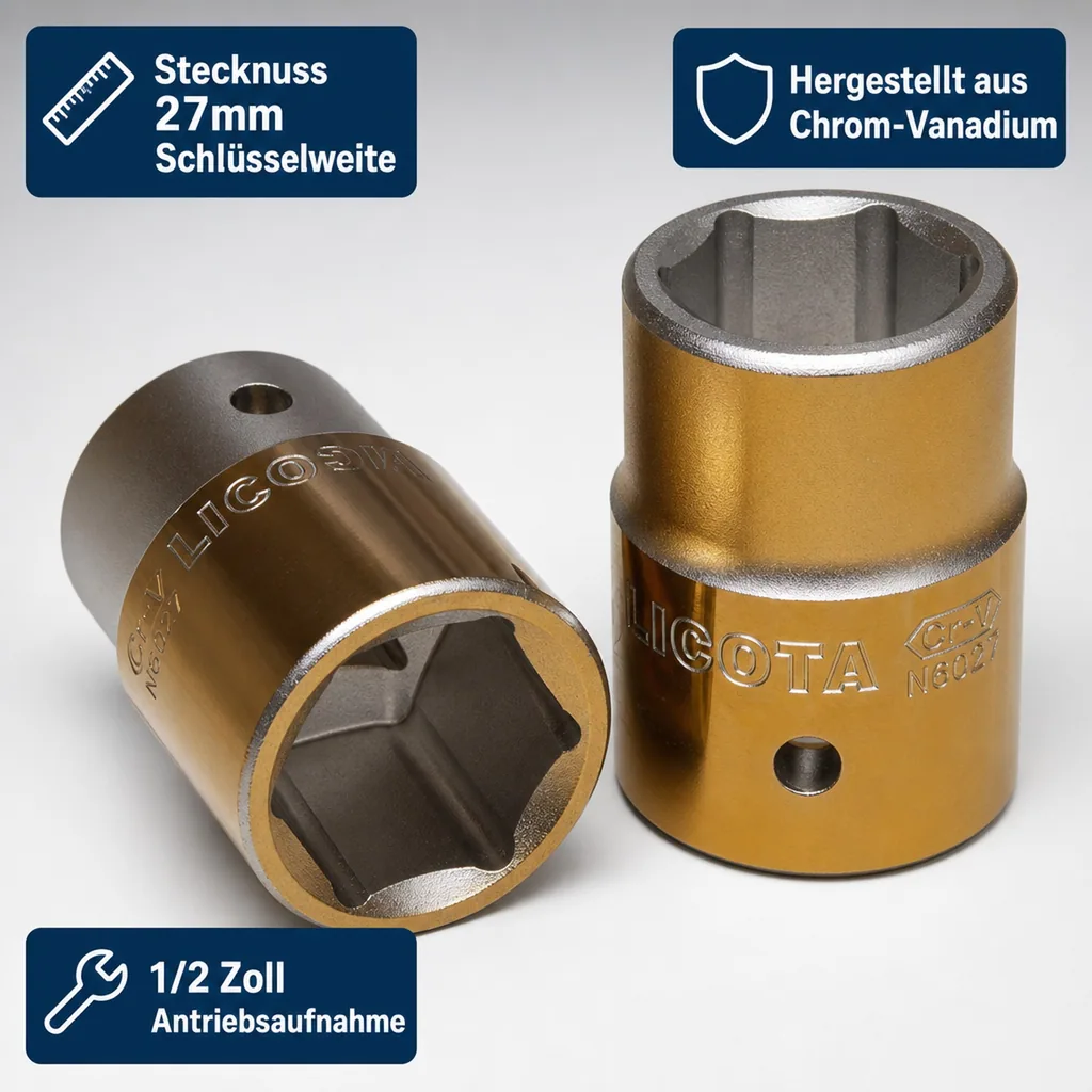 Stecknuss 27mm, 1/2 Zoll Stecknuss, Einsatz für Knarre Ratsche, Cr-V, 6pt