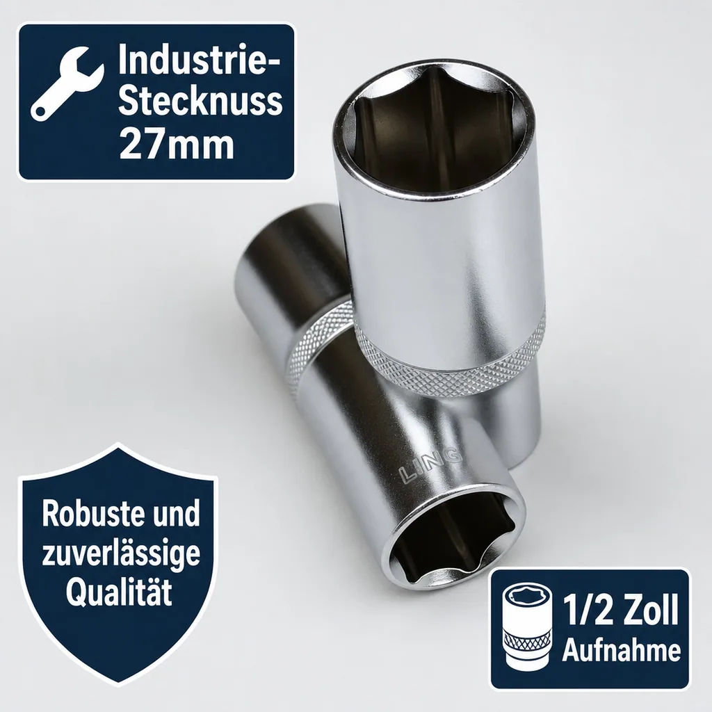 Stecknuss 27mm, 1/2 Zoll Langnuss für Knarre Ratsche, 6-Kant Cr-V