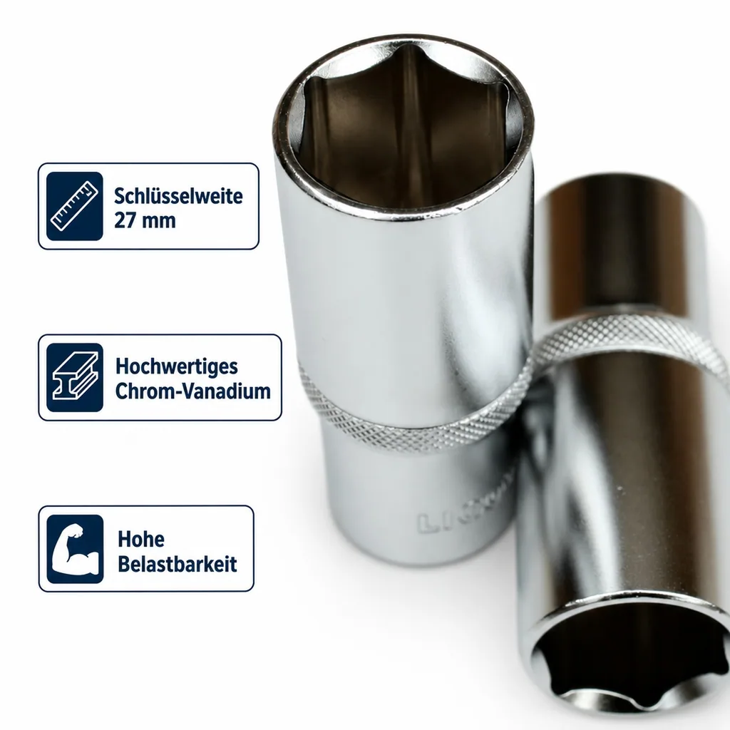Stecknuss 27mm, 1/2 Zoll Langnuss für Knarre Ratsche, 6-Kant Cr-V