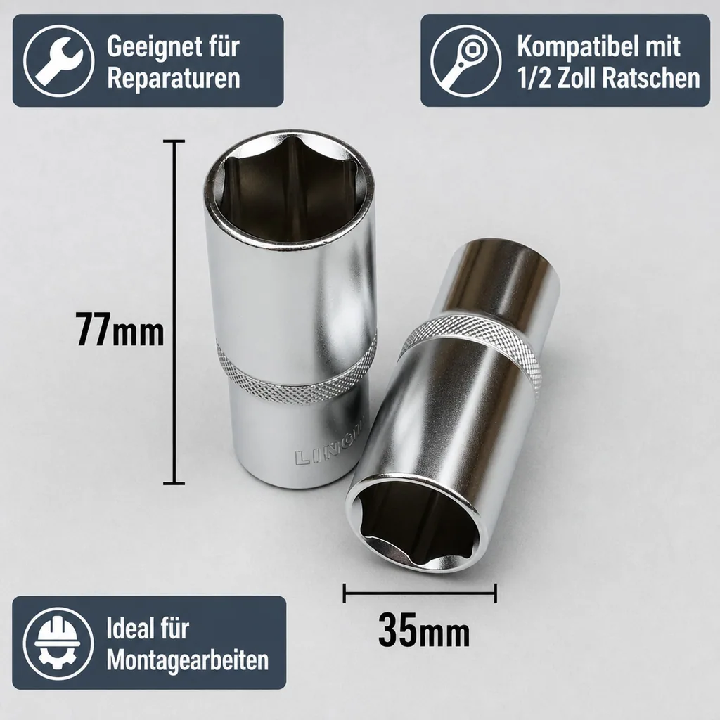 Stecknuss 27mm, 1/2 Zoll Langnuss für Knarre Ratsche, 6-Kant Cr-V