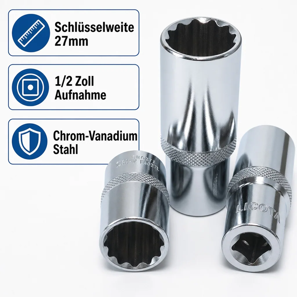 Stecknuss 27mm, 1/2 Zoll, Langnuss, 12 Kant, CR-V, Werkzeug