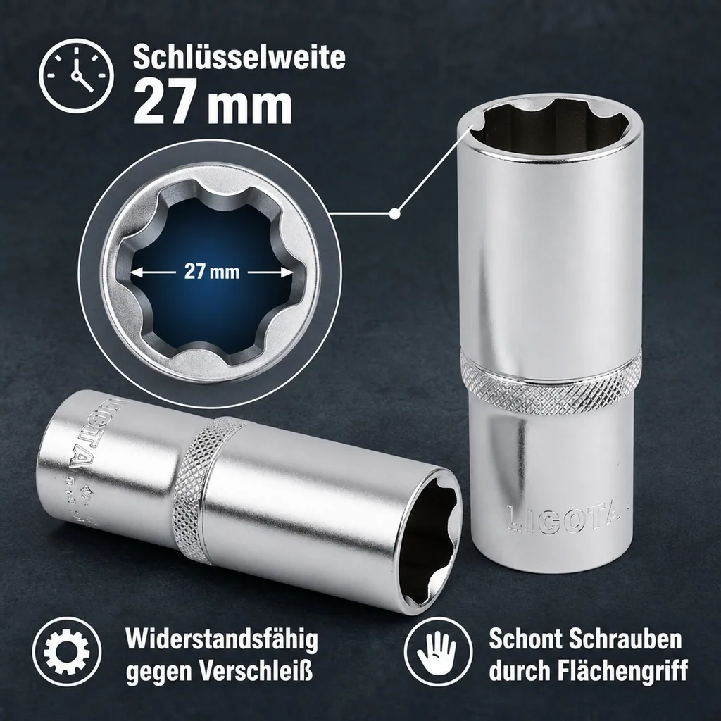 27mm Nuss, Superlock, 1/2 Zoll, CrV, Lange Ausführung