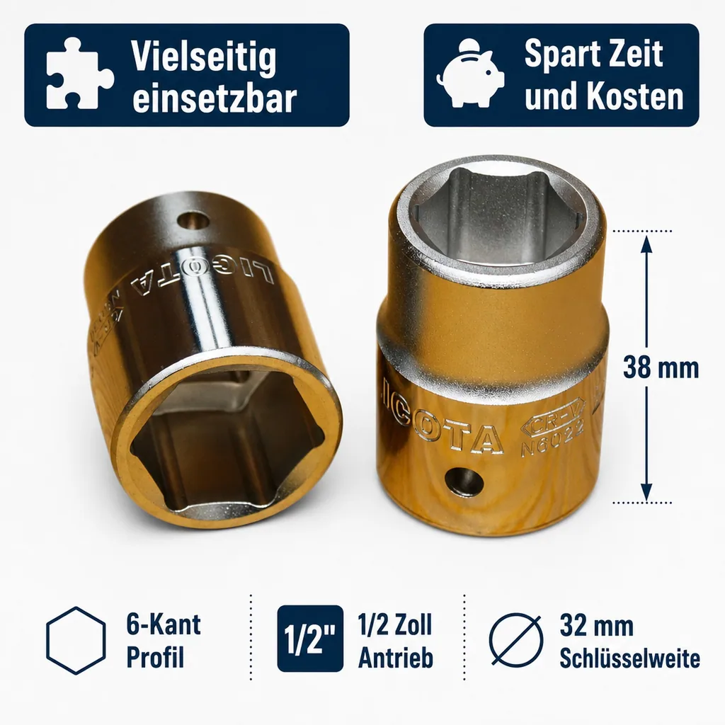 Stecknuss 32mm, 1/2 Zoll Nuss, Steckschlüssel Nuss, 6-Kant, CR-V