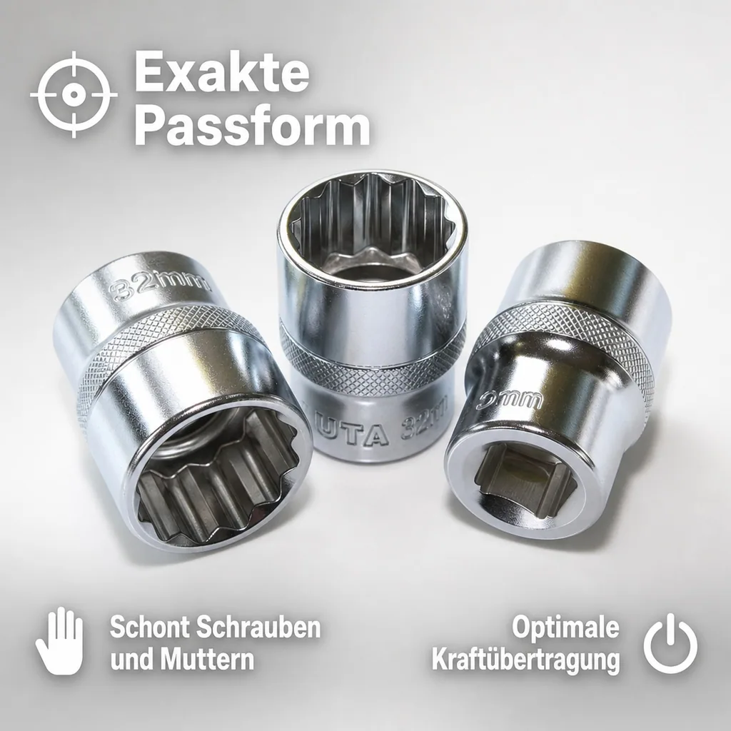 Stecknuss 32mm, 1/2 Zoll, Nuss für Ratsche, Cr-V, 12-kant