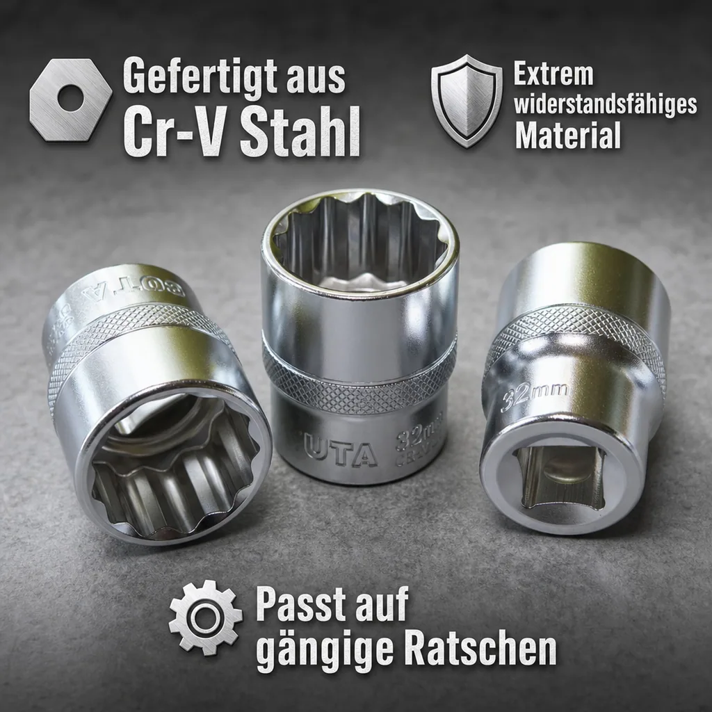 Stecknuss 32mm, 1/2 Zoll, Nuss für Ratsche, Cr-V, 12-kant