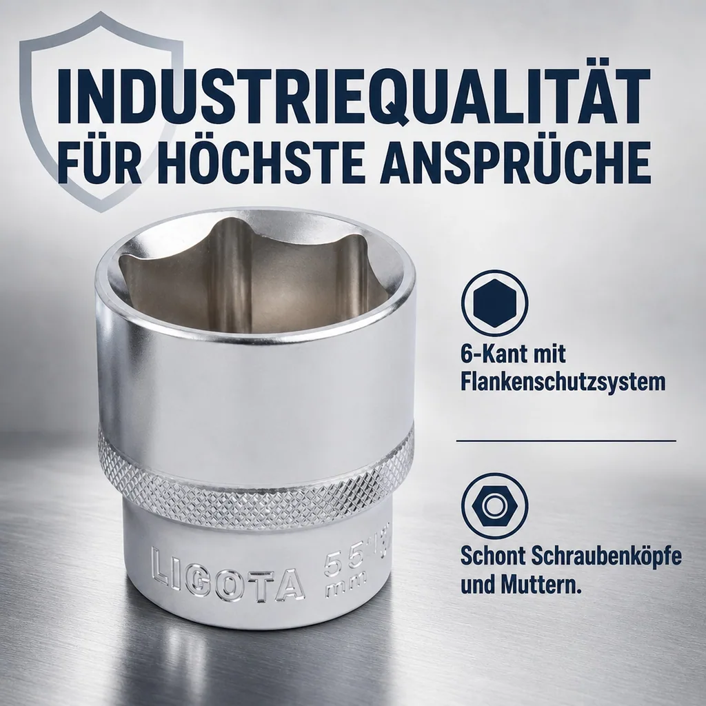 55mm Nuss, 1 Zoll Nuss, Industrie Stecknuss, SW 55, 6-Kant, Cr-V