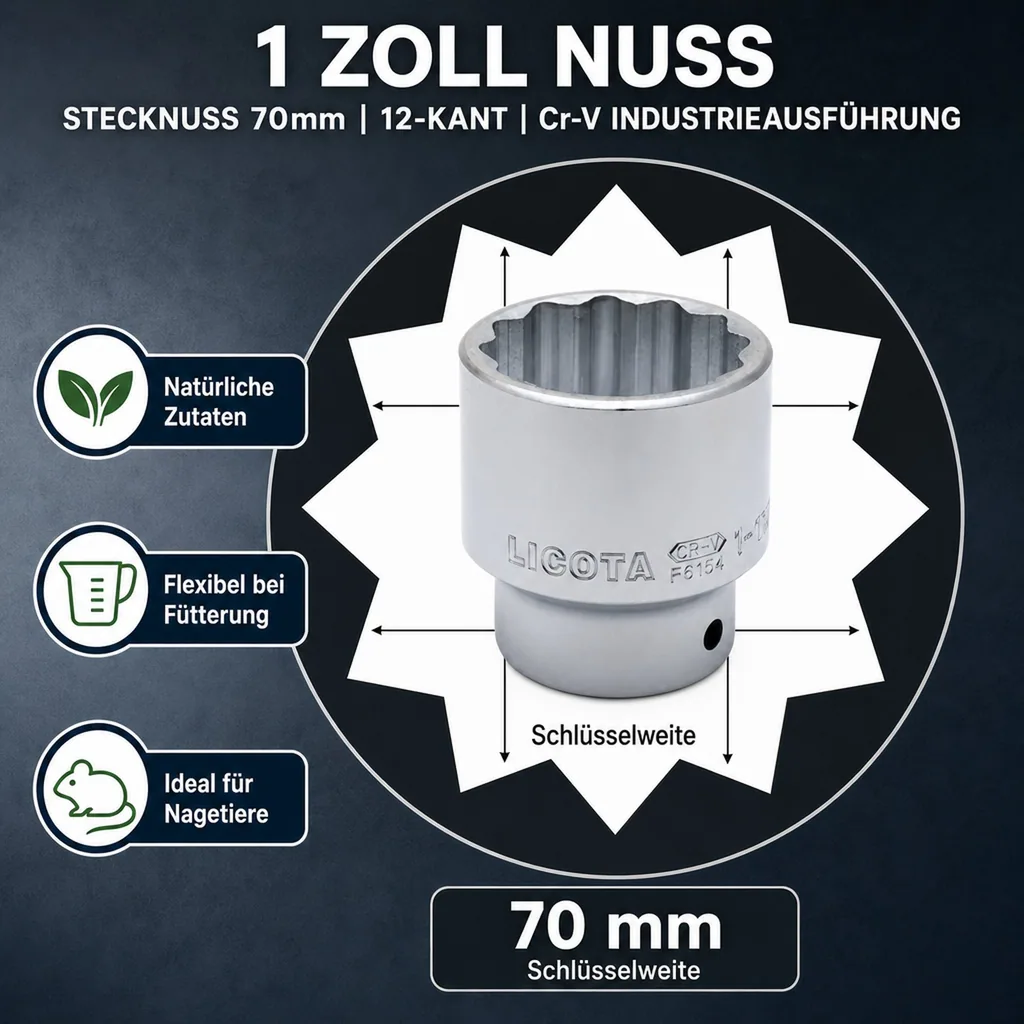 1 Zoll Nuss, Stecknuss 70mm, 12-Kant, Cr-V Industrieausführung