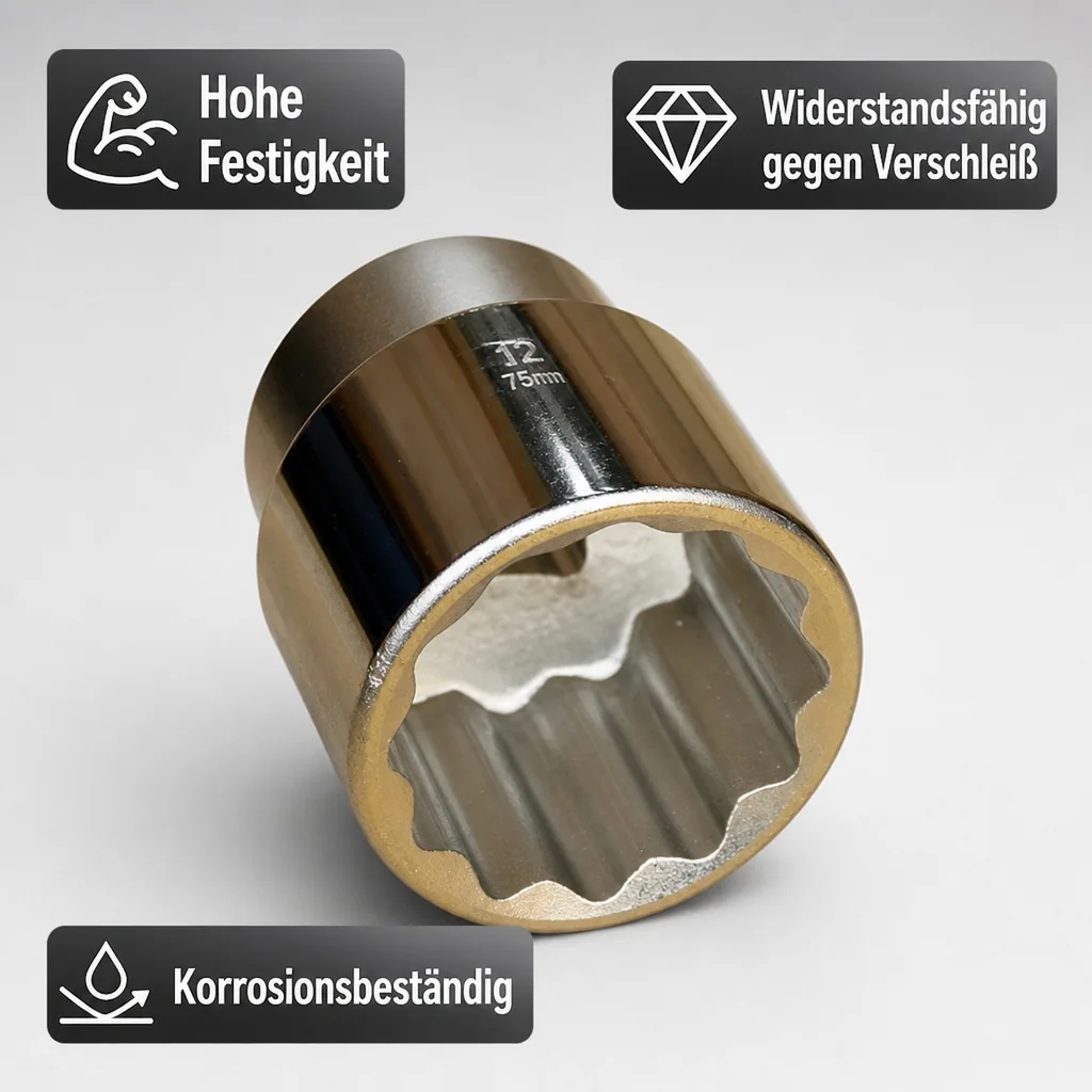 1 Zoll Nuss, 12 Kant, 75mm, Chrom Vanadium Stahl, Werkstatt