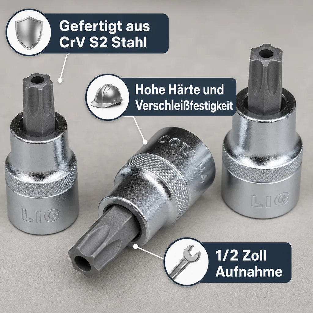 Innensechskant Stecknuss, T45, 1/2 Zoll, CrV S2 Stahl, mit Stirnloch