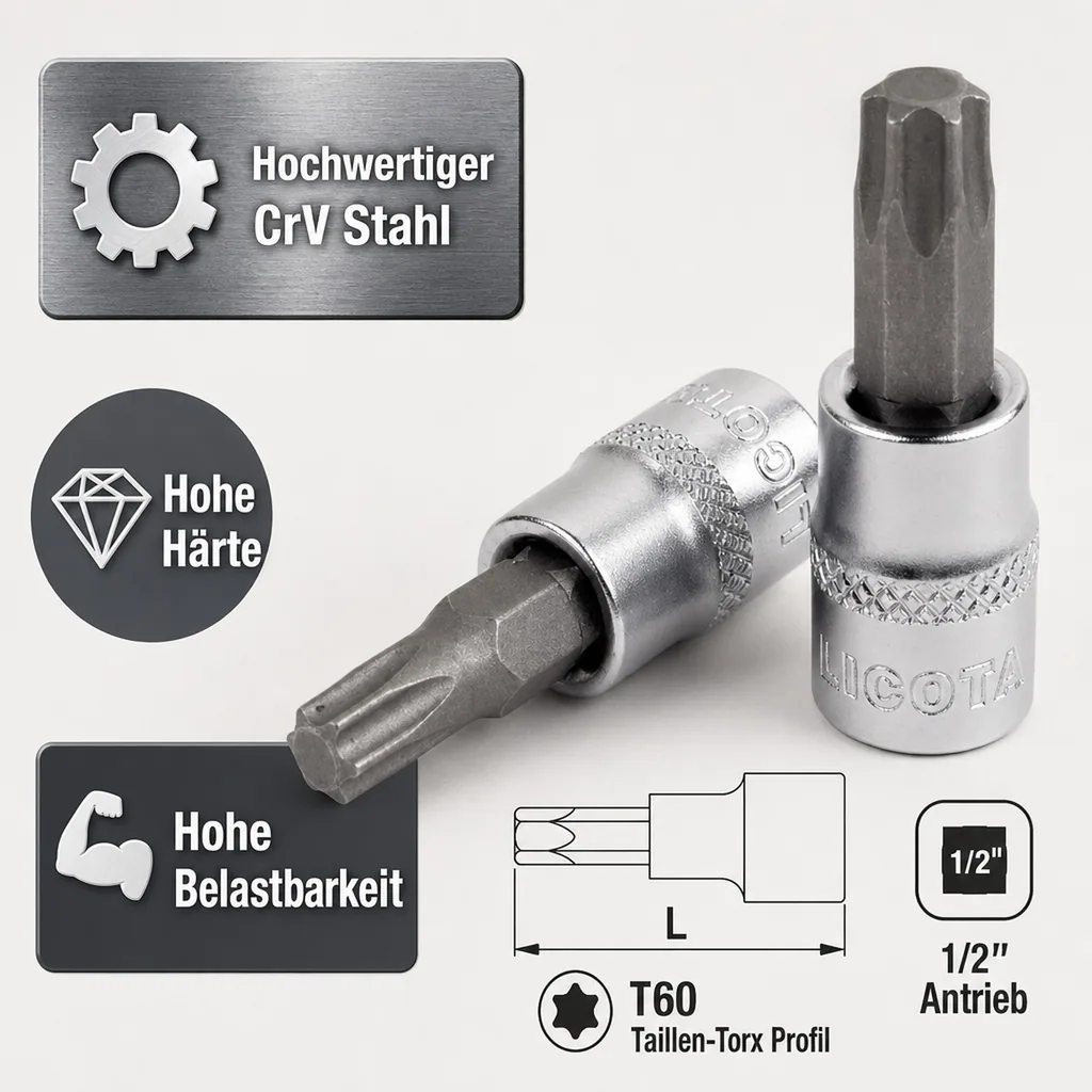 Innensechskant Nuss T60, 1/2 Zoll, CrV Stahl, Werkstatt Qualität