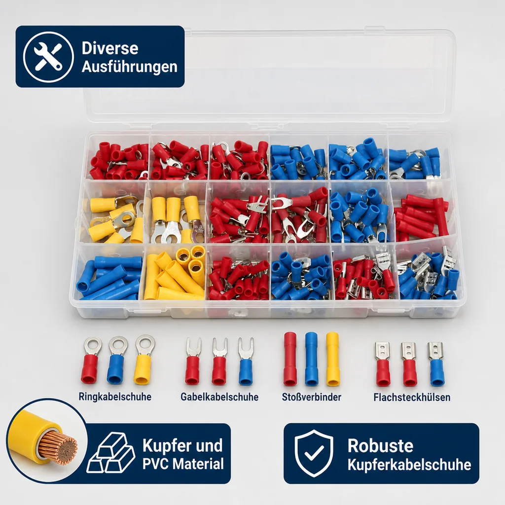 Kabelschuhe Set, 300 tlg., Steckverbinder, Quetschverbinder, Kabelverbinder, Flachstecker