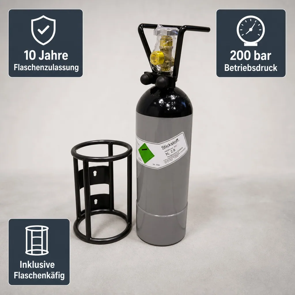 ich-zapfe Stickstoff Flasche 2l mit Flaschencage - Flasche mit Zwei Litern Stickstoff in Lebensmittelqualität zum Zapfen von Stout Bieren mit dafür geeigneten Bier Zapfanlage