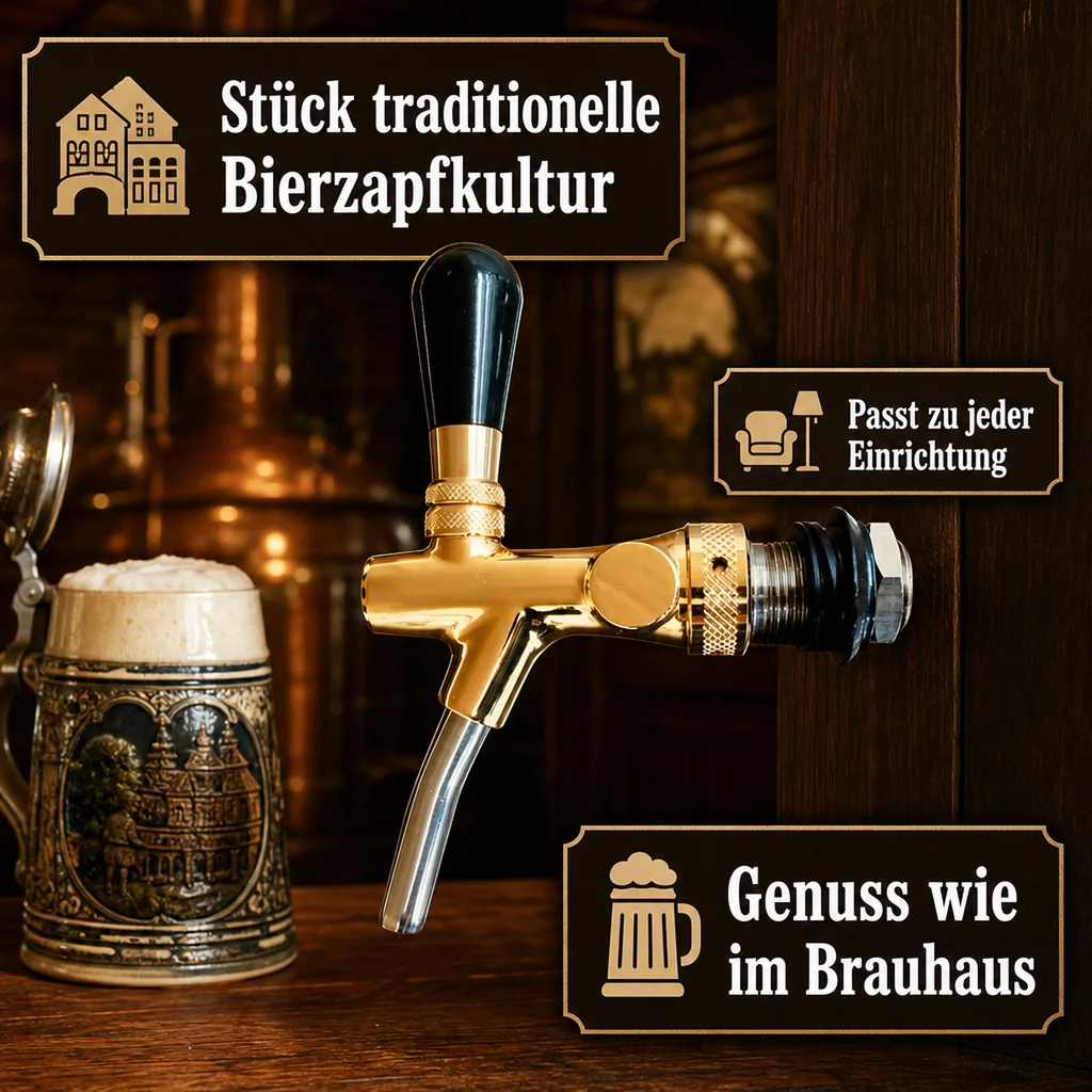 Zapfhahn, Bierzapfhahn, Schankhahn, Kolbenschankhahn - vergoldet, Gewindelänge: 55 mm