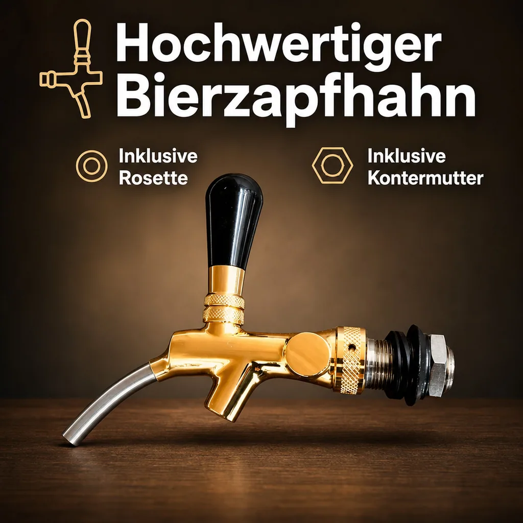 Zapfhahn, Bierzapfhahn, Schankhahn, Kolbenschankhahn - vergoldet, Gewindelänge: 55 mm