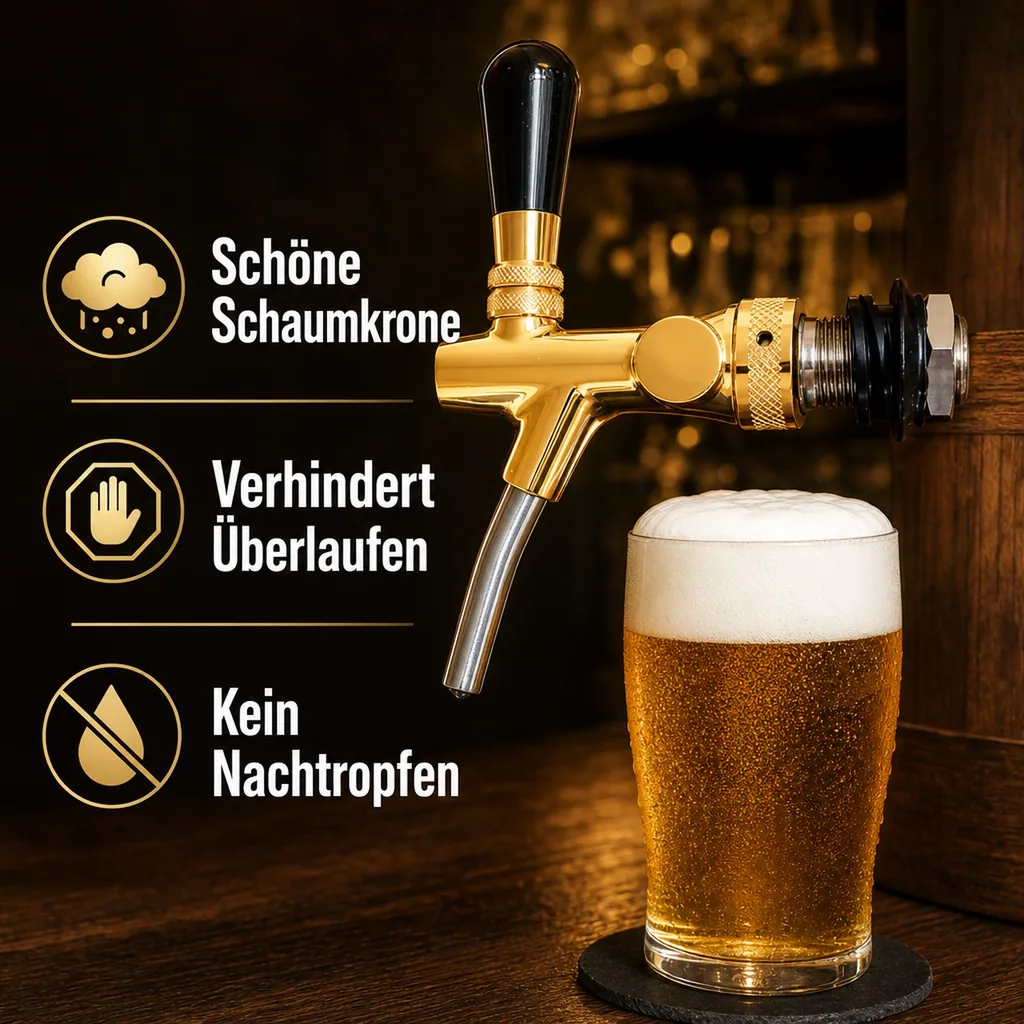 Zapfhahn, Bierzapfhahn, Schankhahn, Kolbenschankhahn - vergoldet, Gewindelänge: 55 mm