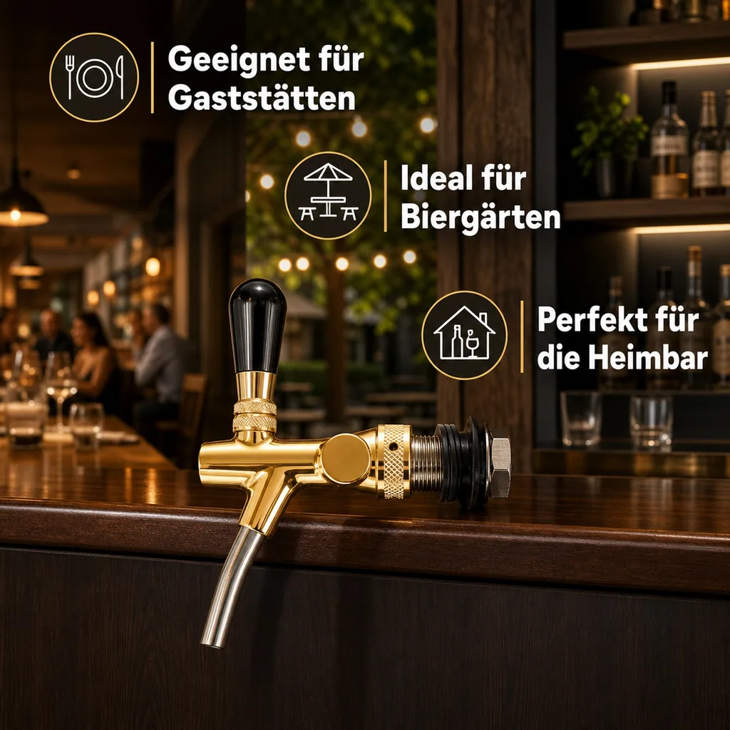 Zapfhahn, Bierzapfhahn, Schankhahn, Kolbenschankhahn - vergoldet, Gewindelänge: 55 mm
