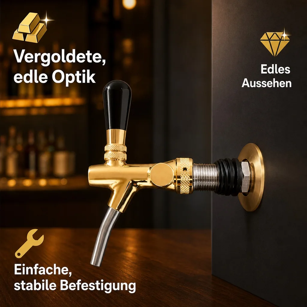 Zapfhahn, Bierzapfhahn, Schankhahn, Kolbenschankhahn - vergoldet, Gewindelänge: 55 mm