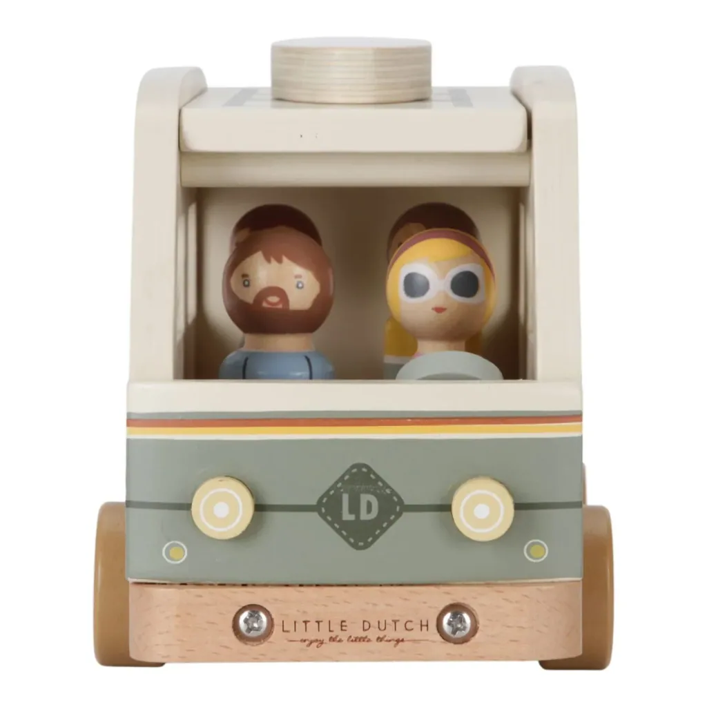 Little Dutch Wohnmobil Holzspielzeug, Vintage-Camper: Spielset mit Figuren, Koffer & Surfbrett - Fördert Fantasie & Rollenspiel