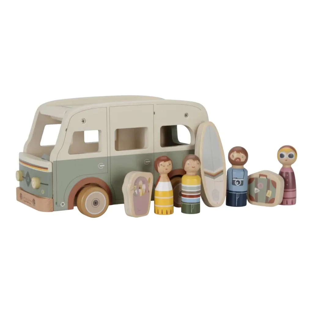 Little Dutch Wohnmobil Holzspielzeug, Vintage-Camper: Spielset mit Figuren, Koffer & Surfbrett - Fördert Fantasie & Rollenspiel