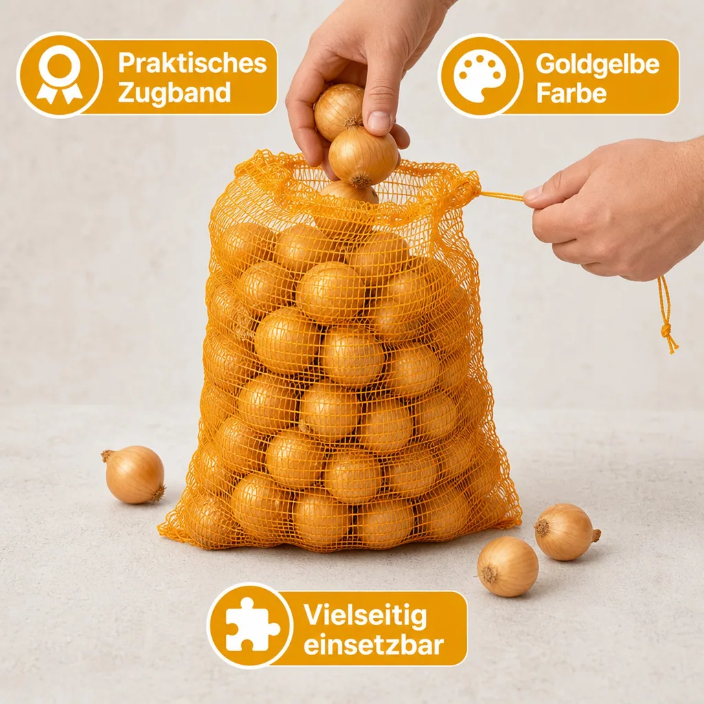 Raschelsäcke goldgelb mit Zugband 28x36, Netzsäcke, Gemüsesäcke