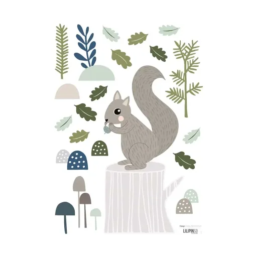 Lilipinso Wandsticker A3 Eichhörnchen mit Wald grau grün