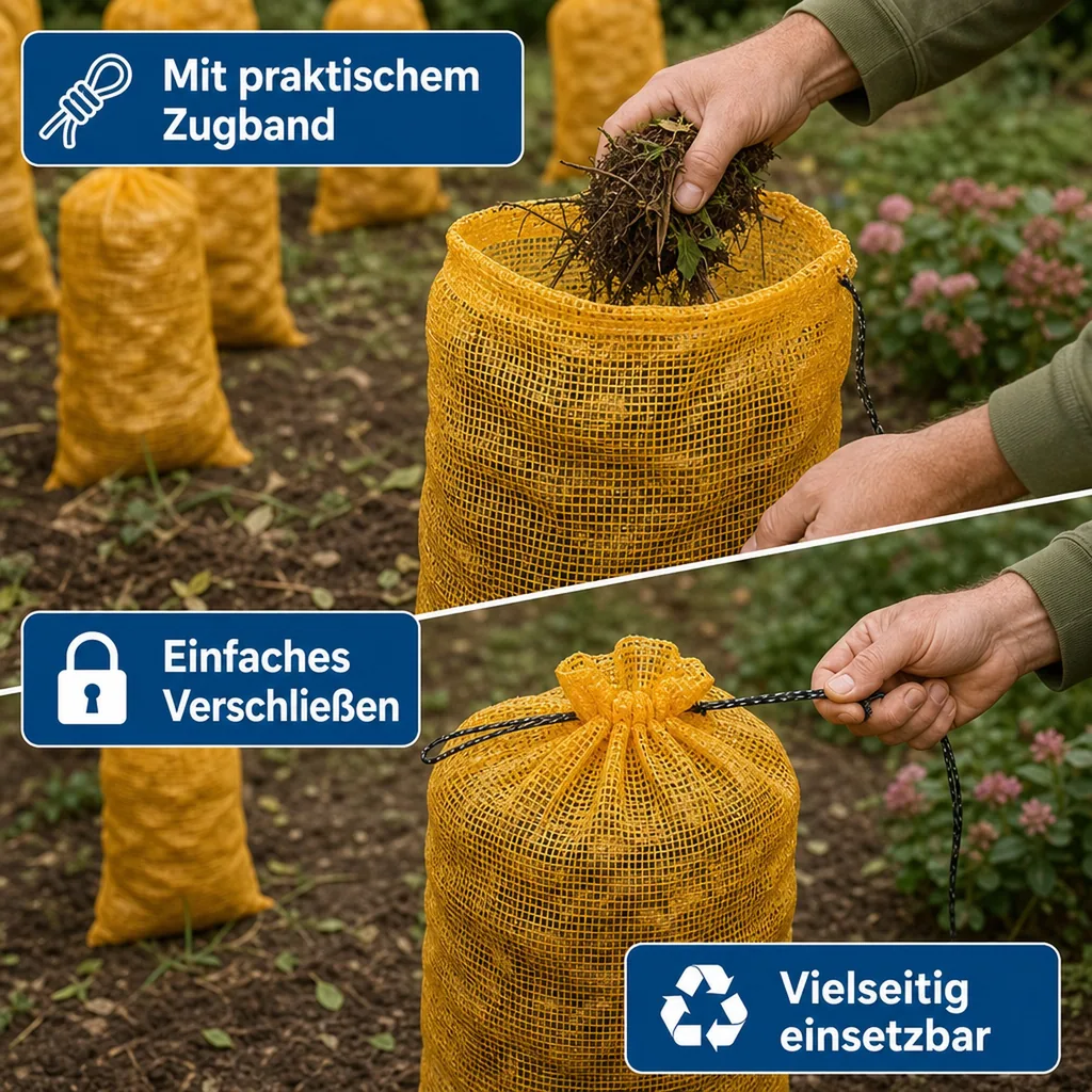 Raschelsäcke, 100er Pack, goldgelb mit Zugband 51x80, Gartensäcke