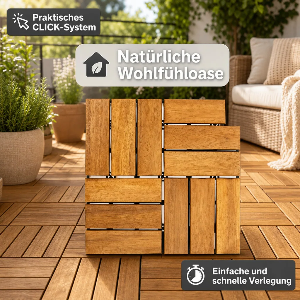 Terrassenfliesen, Akazien Terrassenfliesen, Mosaik CLICK 30x30x2,4 cm, Holzfliesen Terrasse