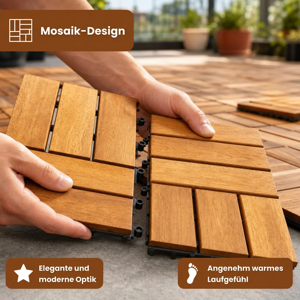 Terrassenfliesen, Akazien Terrassenfliesen, Mosaik CLICK 30x30x2,4 cm, Holzfliesen Terrasse