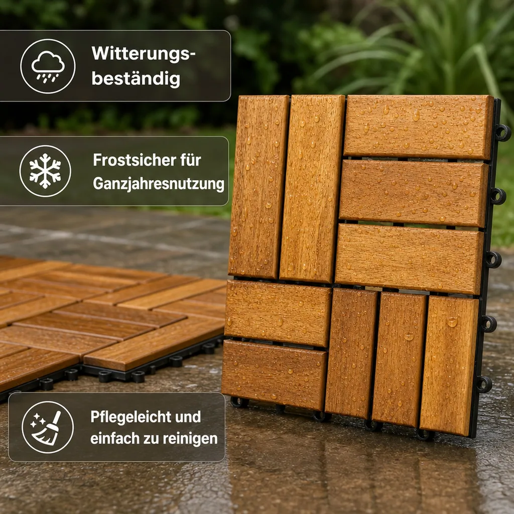 Terrassenfliesen, Akazien Terrassenfliesen, Mosaik CLICK 30x30x2,4 cm, Holzfliesen Terrasse