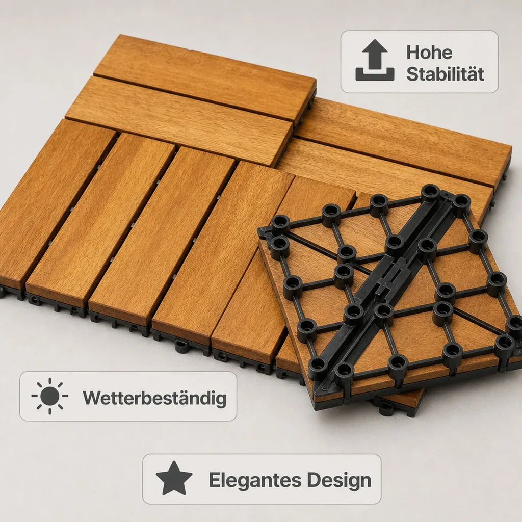 Terrassenfliesen Akazienholz, Mosaik Click, 30x30x2,4 cm, Holzfliesen Terrasse