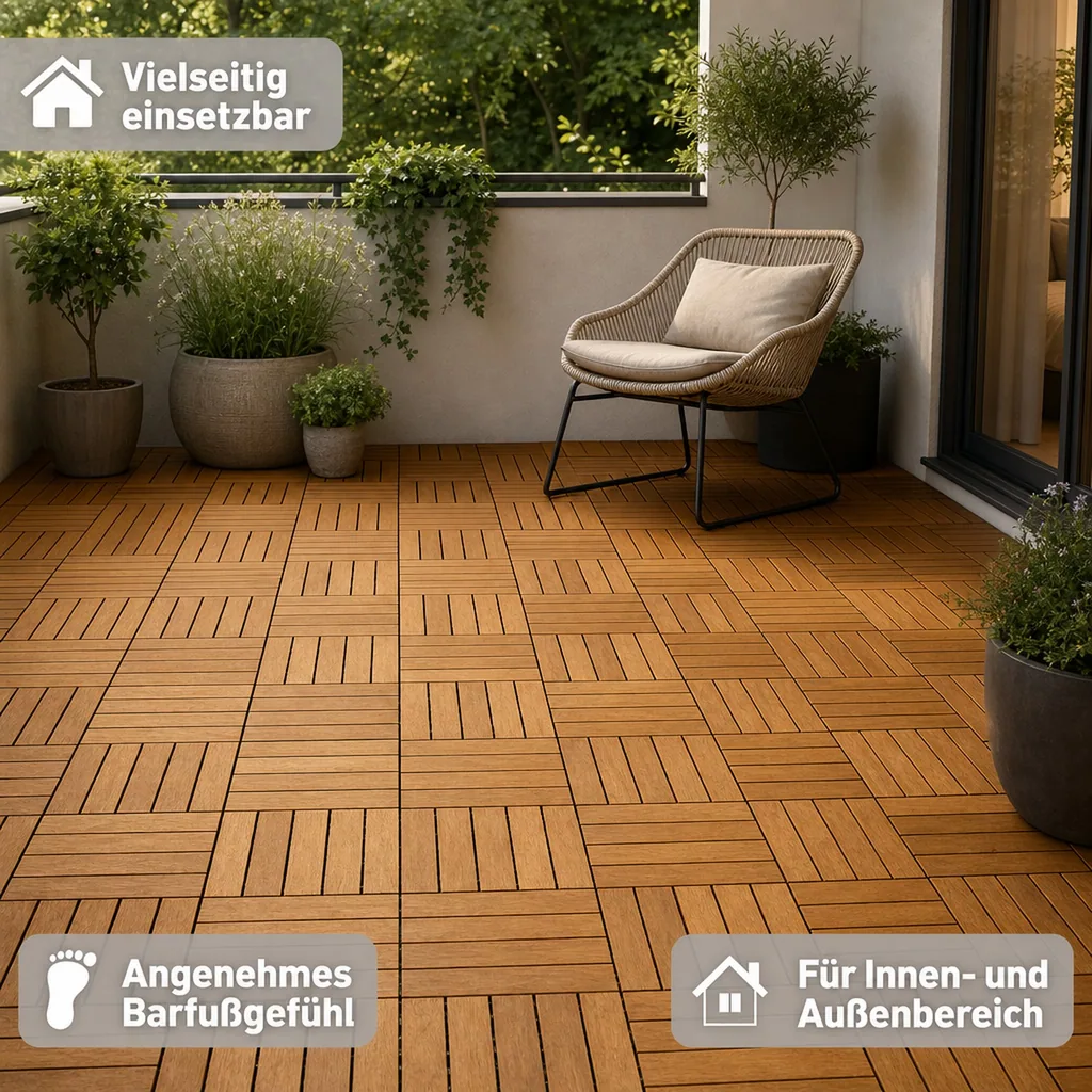 Terrassenfliesen Akazienholz, Mosaik Click, 30x30x2,4 cm, Holzfliesen Terrasse