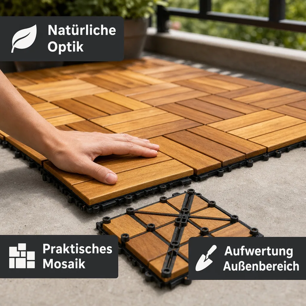 Terrassenfliesen Akazienholz, Mosaik Click, 30x30x2,4 cm, Holzfliesen Terrasse