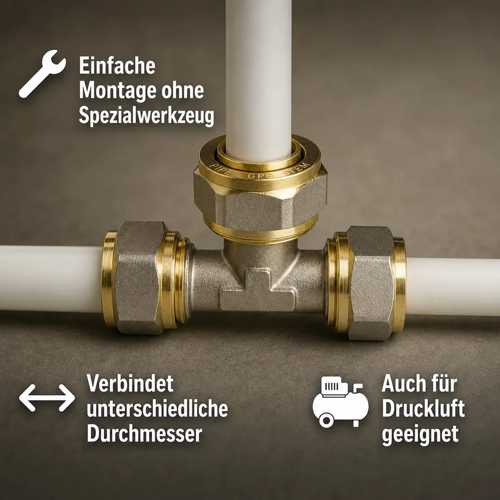 Schraubfitting T-Stück, 16x2 - 20x2 - 16x2, erweiterte Mitte