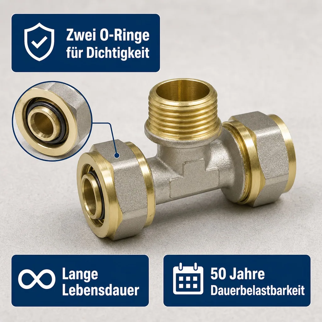 Schraubfitting, T-Stück 16mm, Verbundrohr Fitting, 1/2" AG