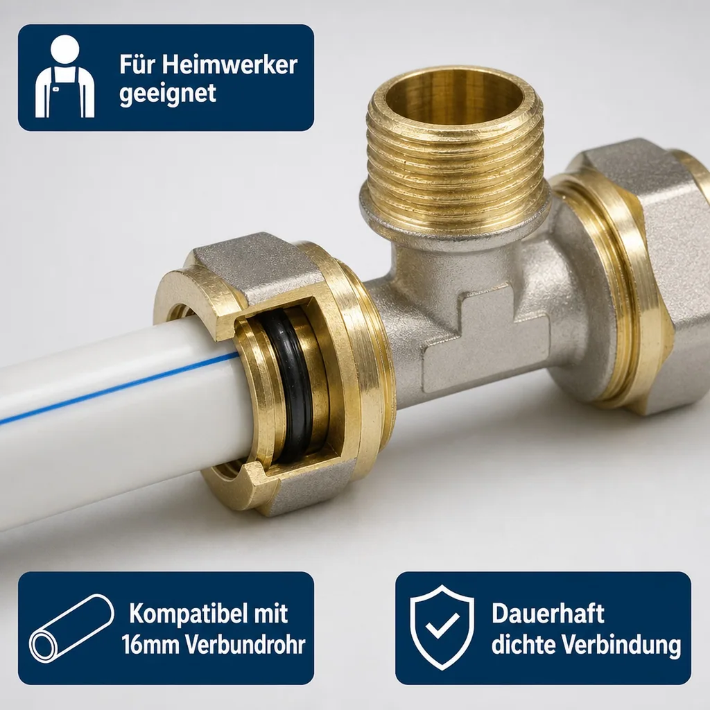 Schraubfitting, T-Stück 16mm, Verbundrohr Fitting, 1/2" AG